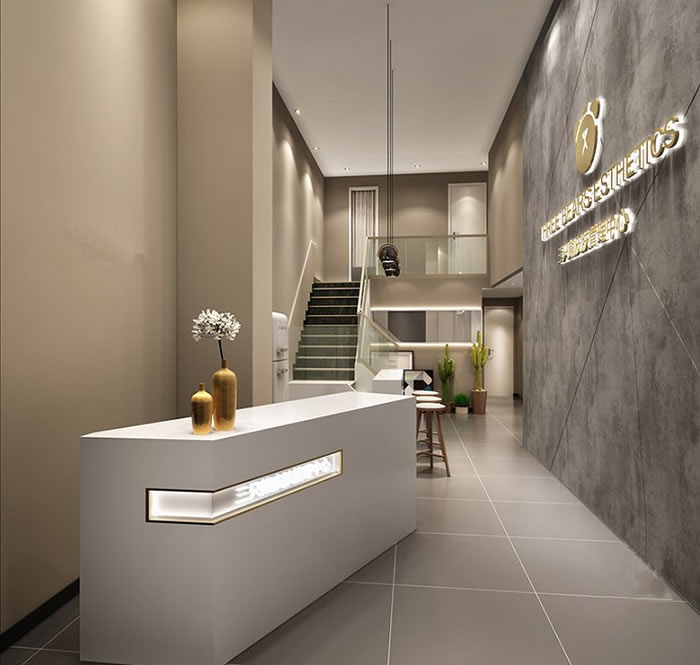 成都美容會所裝修設(shè)計前臺門面效果圖